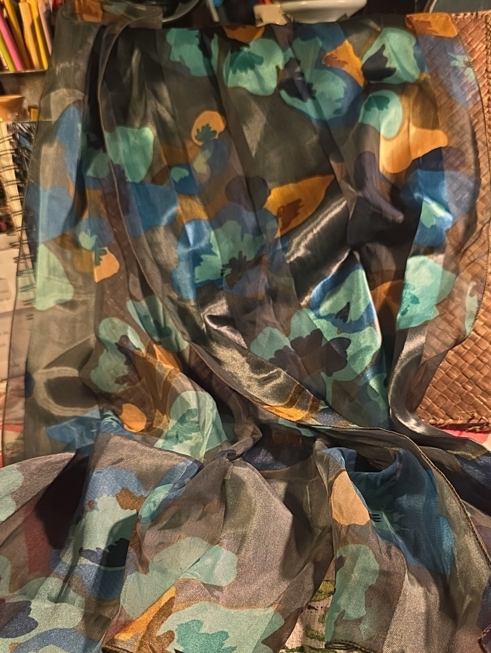 Cejon Accessories Sheer Teal & Gold Watercolor Floral Scarf Wrap